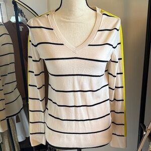 Striped V-Neck Sweater - White and Yellow